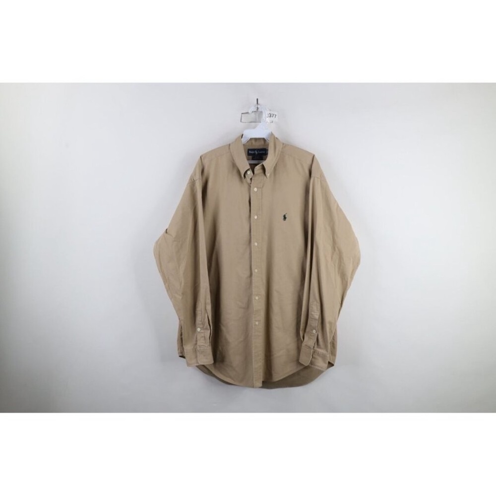 Ralph Lauren Vintage Khaki Tan Button Down Mens Shirt Cotton XL Polo 90s